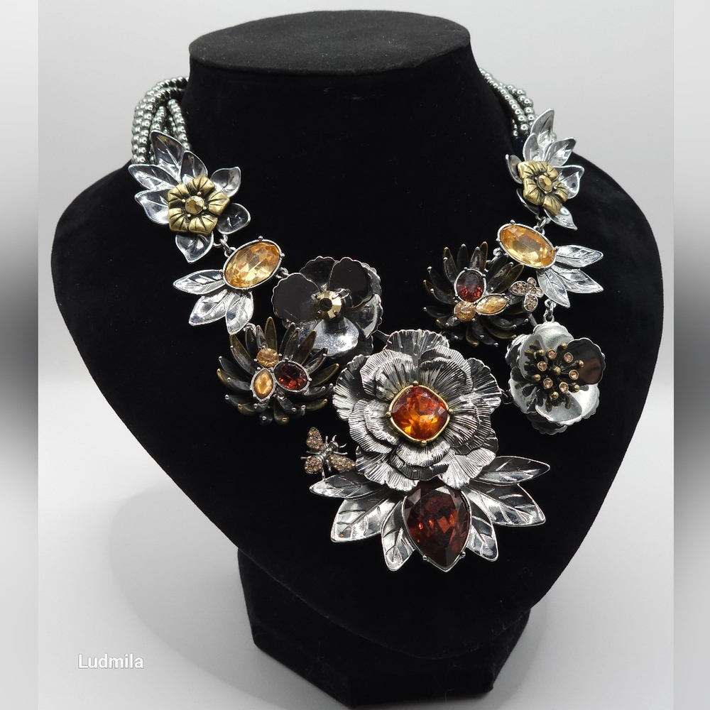 Signed Large Floral Multi-Stranded Statement Neck… - image 6